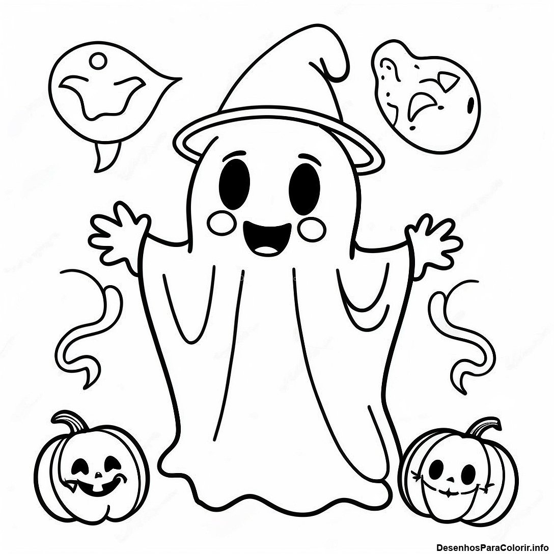 Página de colorir imprimível grátis Página Para Colorir De Fantasma Vintage De Halloween Fantástico da coleção Halloween — desenho em preto e branco para crianças e adultos.