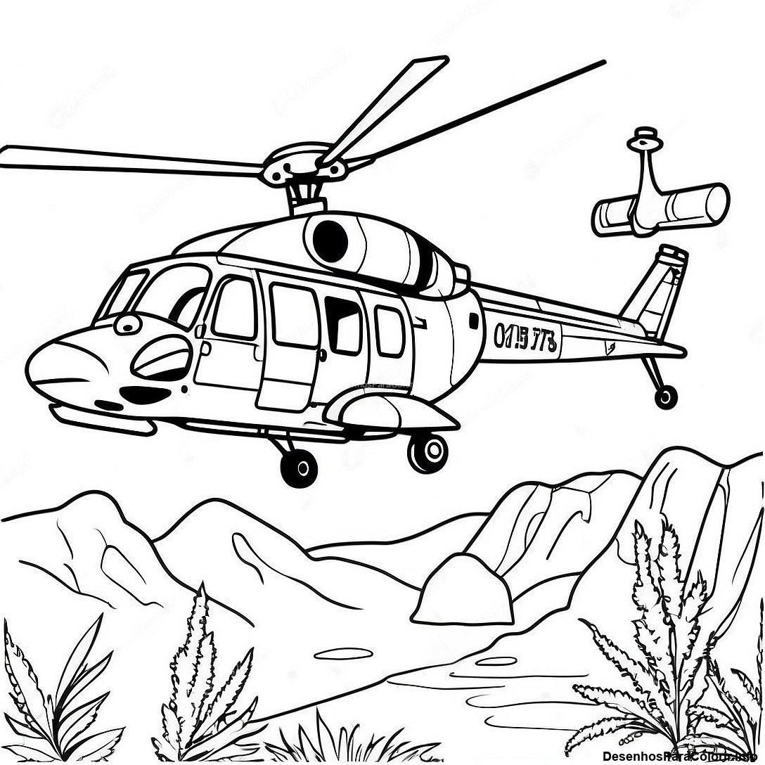 Página de colorir imprimível grátis Página Para Colorir De Helicóptero Militar Realista da coleção Máquinas — desenho em preto e branco para crianças e adultos.