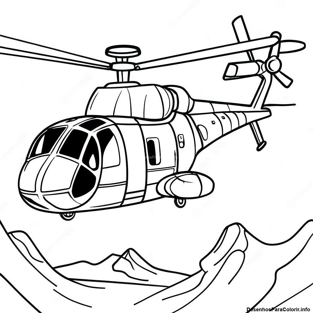 Página de colorir imprimível grátis Página Para Colorir De Helicóptero Militar Realista da coleção Máquinas — desenho em preto e branco para crianças e adultos.