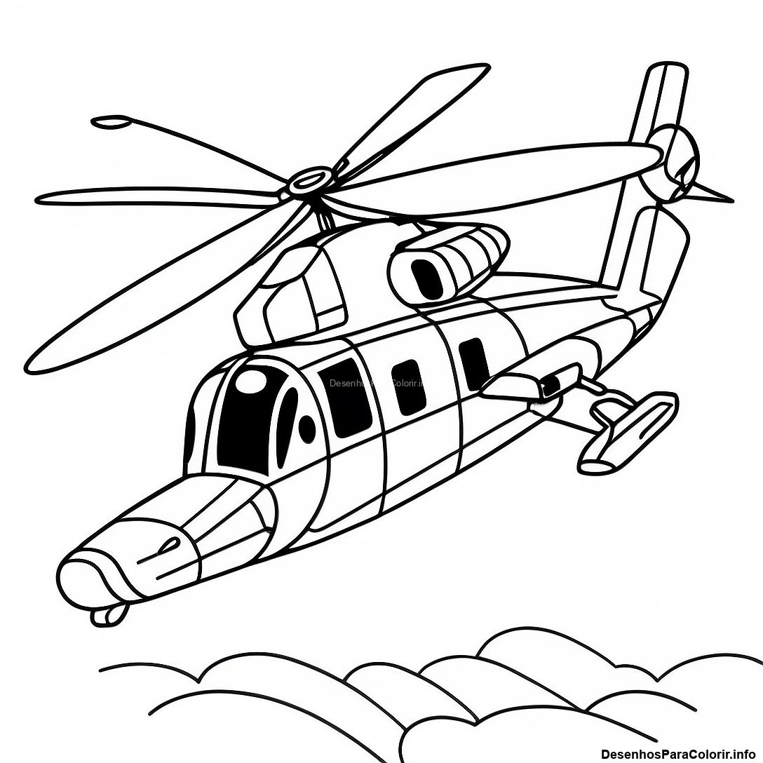 Página de colorir imprimível grátis Página Para Colorir De Helicóptero Militar Realista da coleção Máquinas — desenho em preto e branco para crianças e adultos.
