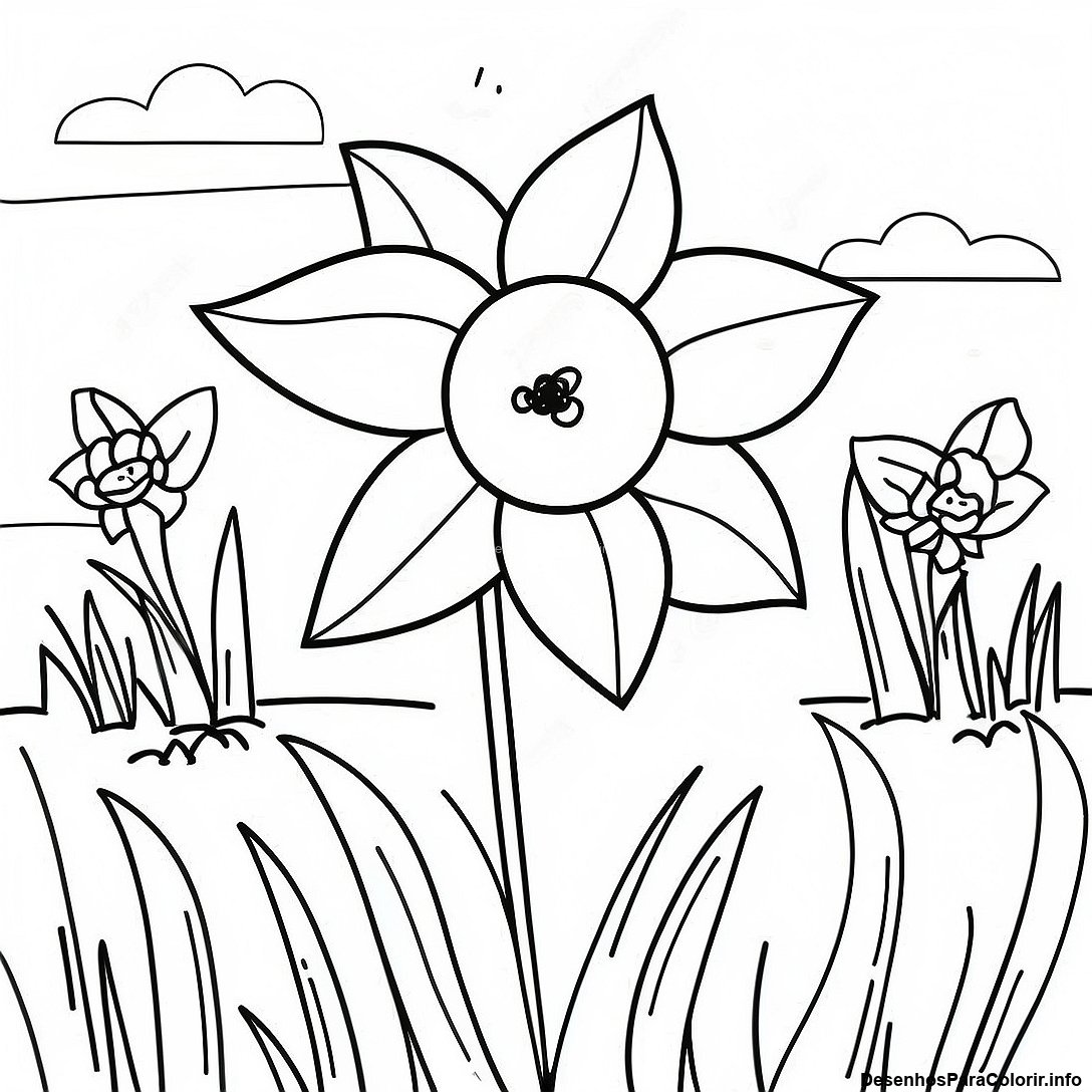 Página de colorir imprimível grátis Página Para Colorir De Narciso Realista No Jardim da coleção Natureza — desenho em preto e branco para crianças e adultos.