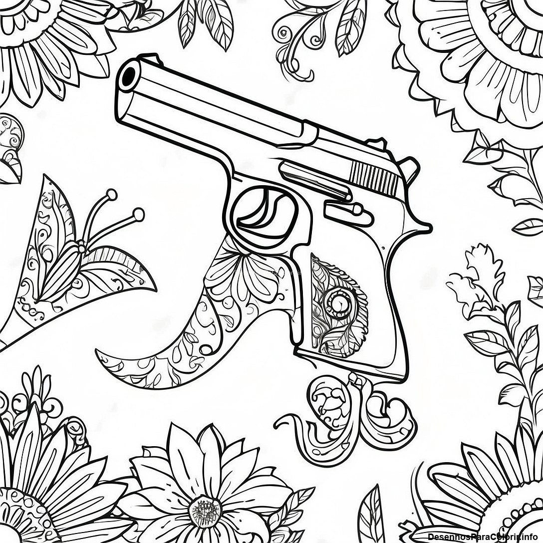 Página de colorir imprimível grátis Página Para Colorir De Pistola Realista da coleção Video Games — desenho em preto e branco para crianças e adultos.