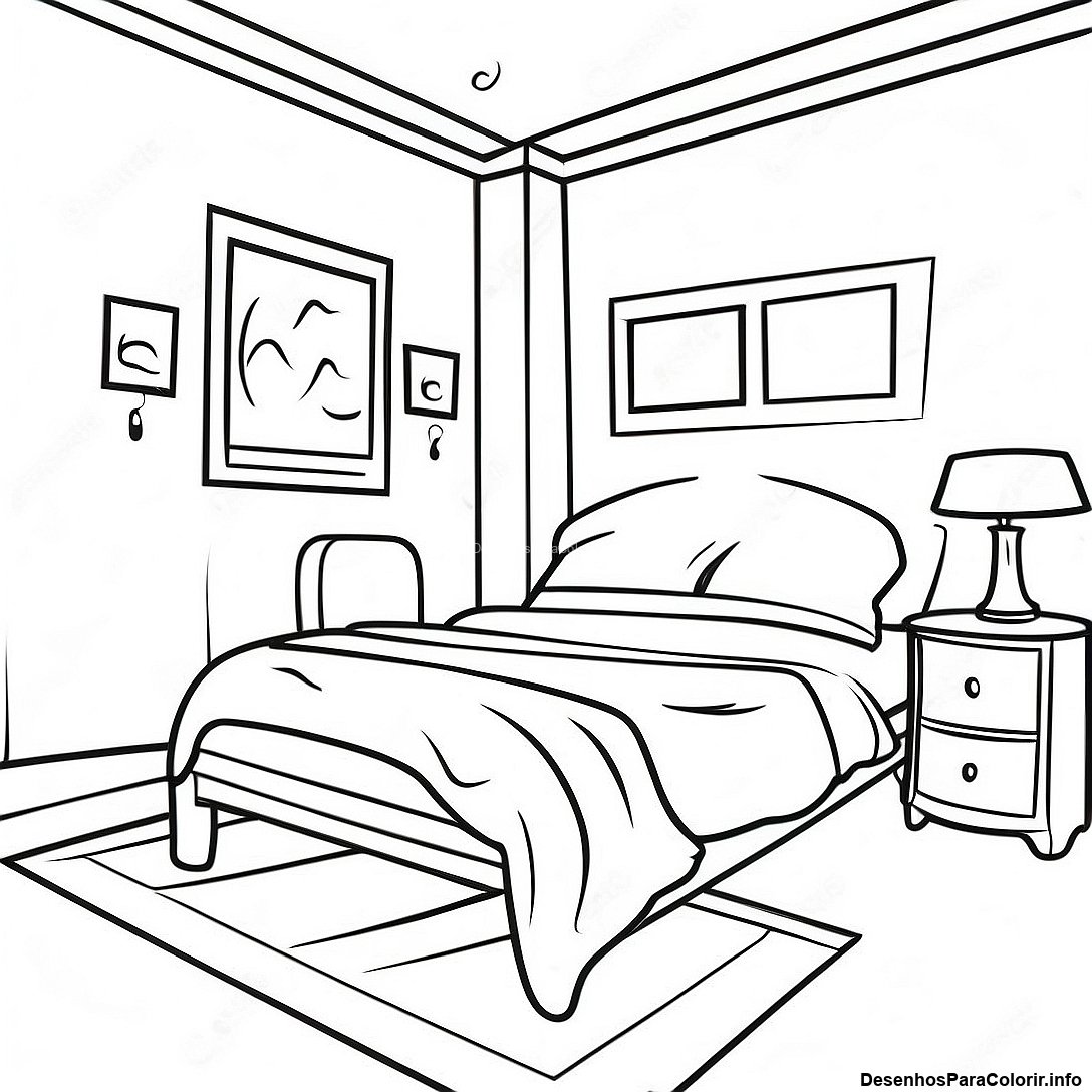 Página de colorir imprimível grátis Página Para Colorir De Quarto Realista Aconchegante da coleção Diversos — desenho em preto e branco para crianças e adultos.