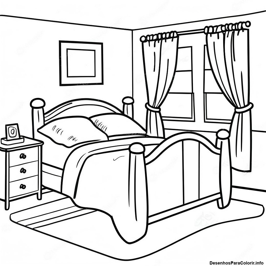 Página de colorir imprimível grátis Página Para Colorir De Quarto Realista Aconchegante da coleção Diversos — desenho em preto e branco para crianças e adultos.
