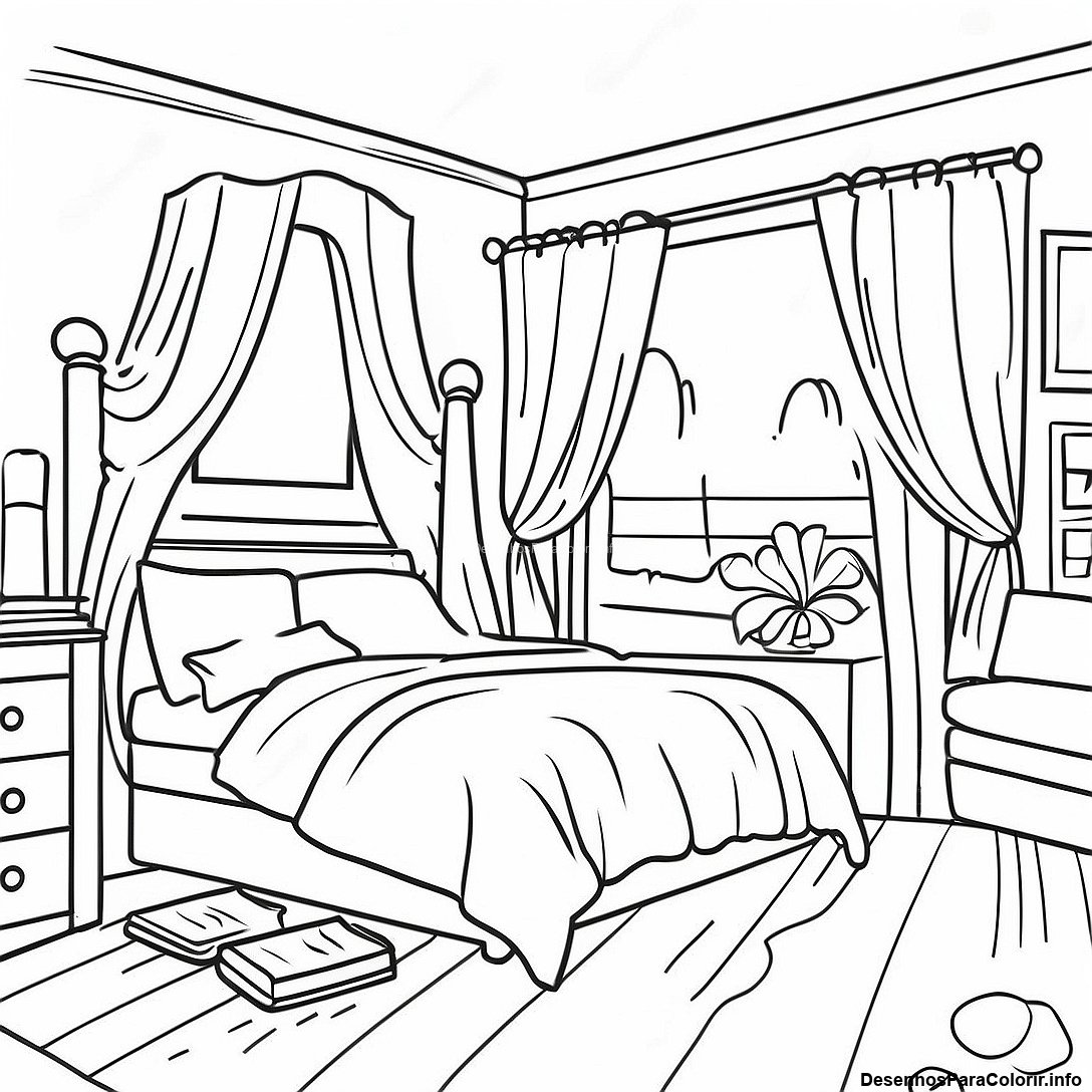 Página de colorir imprimível grátis Página Para Colorir De Quarto Realista Aconchegante da coleção Diversos — desenho em preto e branco para crianças e adultos.