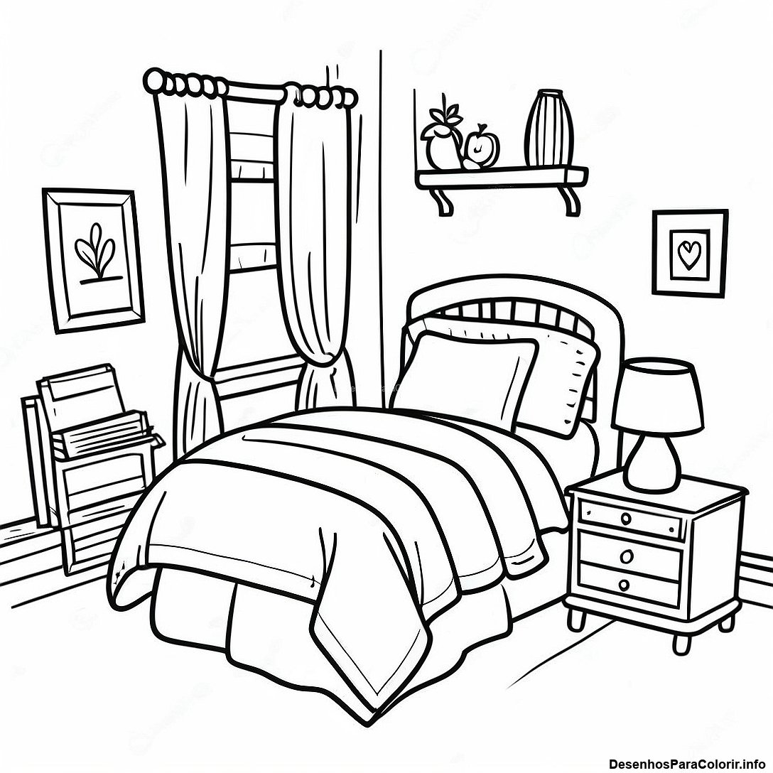Página de colorir imprimível grátis Página Para Colorir De Quarto Realista Aconchegante da coleção Diversos — desenho em preto e branco para crianças e adultos.