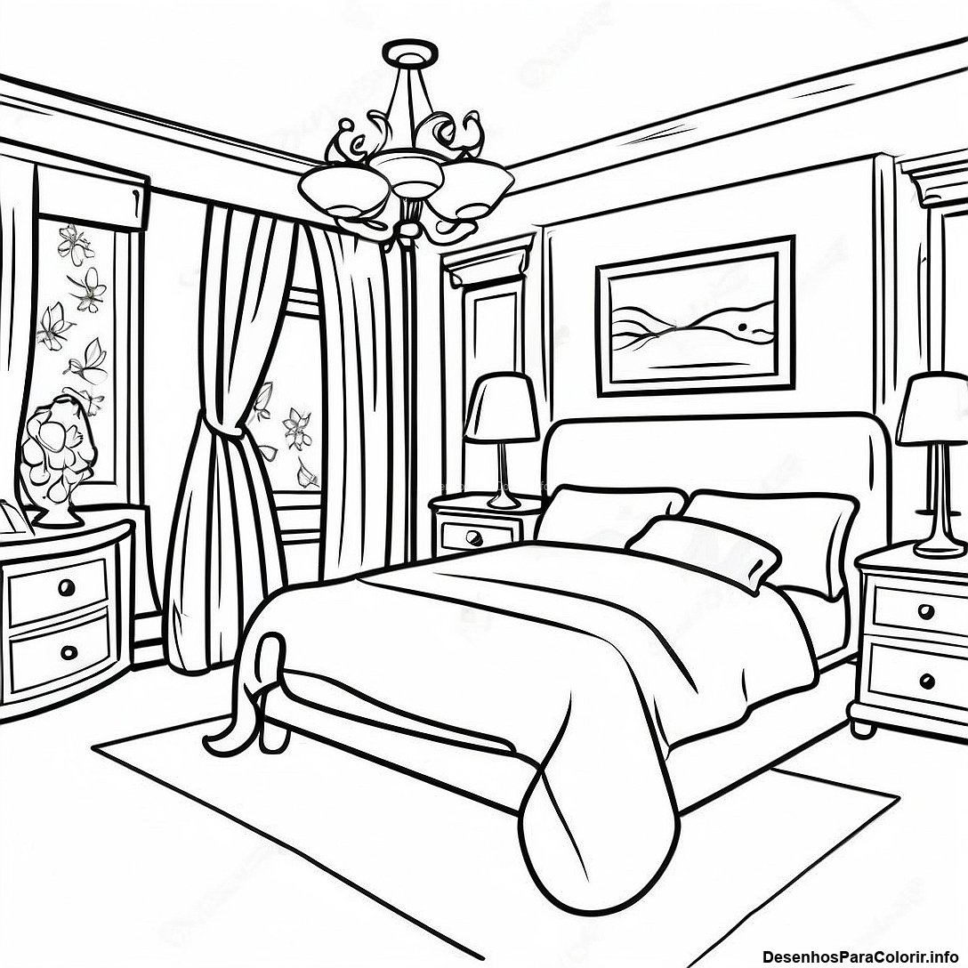 Página de colorir imprimível grátis Página Para Colorir De Quarto Realista Espaçoso da coleção Diversos — desenho em preto e branco para crianças e adultos.