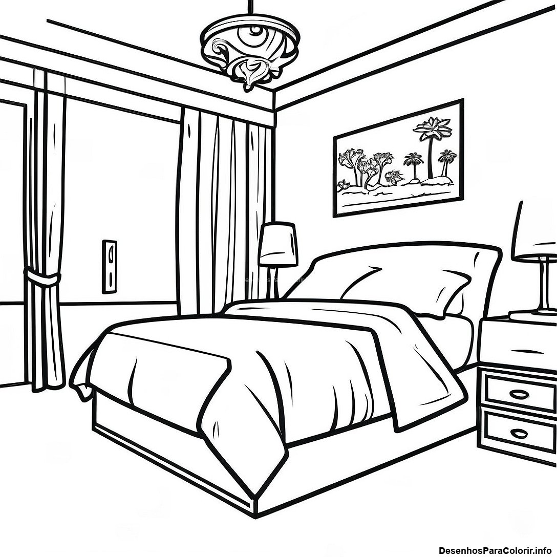 Página de colorir imprimível grátis Página Para Colorir De Quarto Realista Moderno da coleção Diversos — desenho em preto e branco para crianças e adultos.