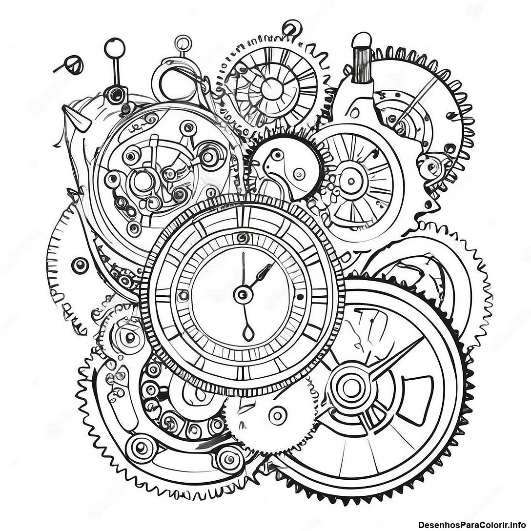 Página de colorir imprimível grátis Página Para Colorir De Relógio Steampunk Vintage da coleção Diversos — desenho em preto e branco para crianças e adultos.