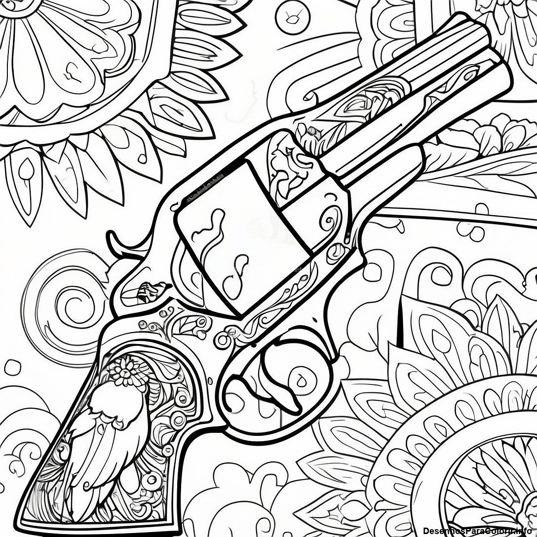 Página de colorir imprimível grátis Página Para Colorir De Revólver Vintage da coleção Video Games — desenho em preto e branco para crianças e adultos.