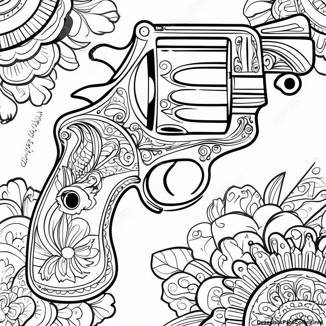 Página de colorir imprimível grátis Página Para Colorir De Revólver Vintage da coleção Video Games — desenho em preto e branco para crianças e adultos.