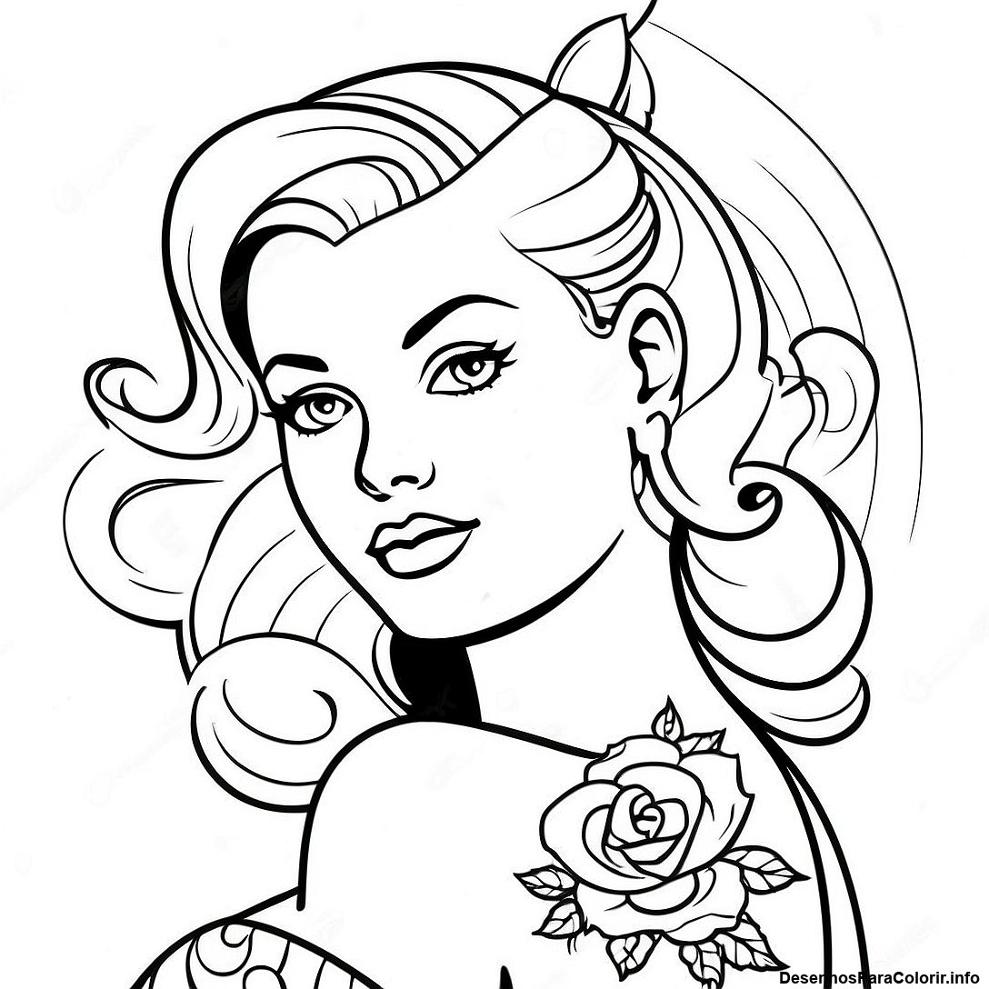 Página de colorir imprimível grátis Página Para Colorir De Tatuagem Pin Up Vintage da coleção Para Adultos — desenho em preto e branco para crianças e adultos.