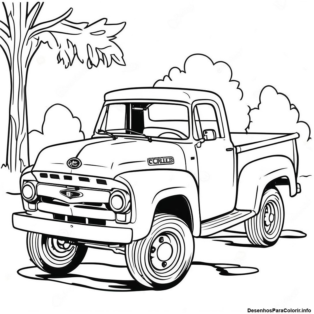 Página de colorir imprimível grátis Página Para Colorir De Um Caminhão Ford Vintage da coleção Carros — desenho em preto e branco para crianças e adultos.