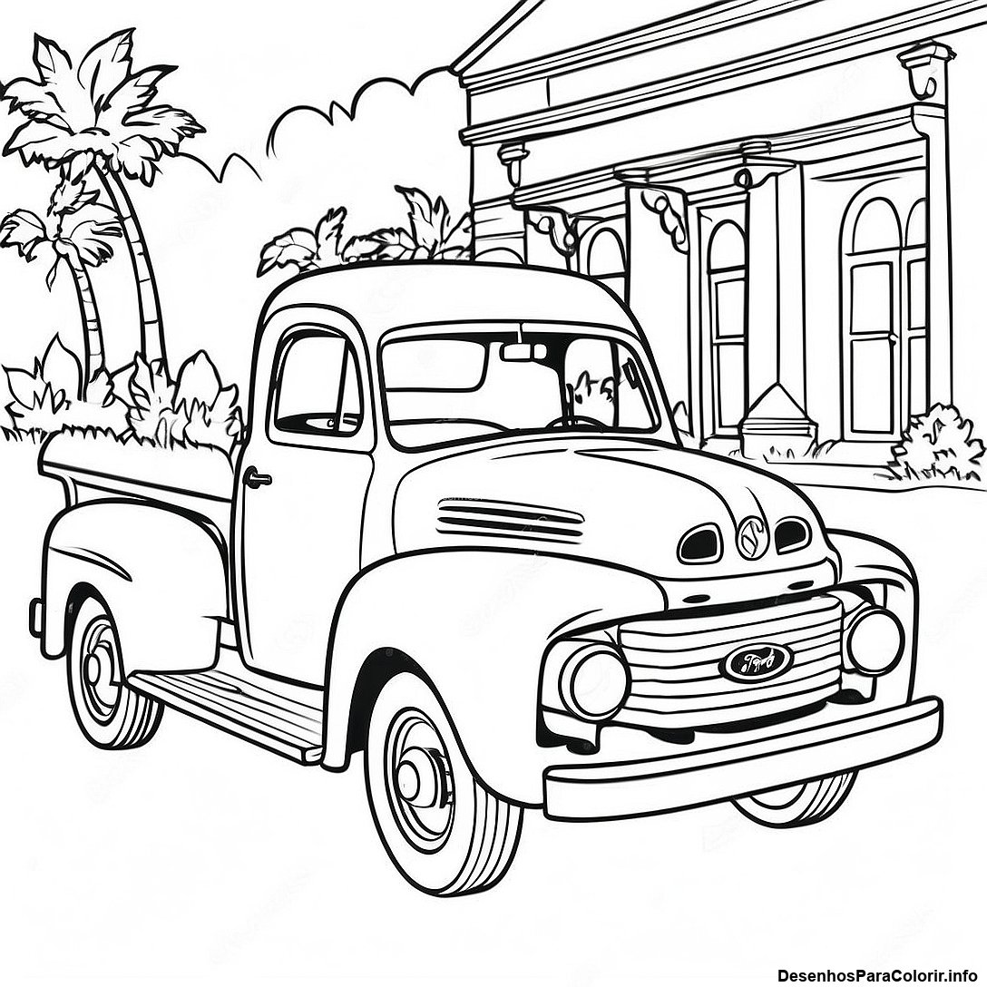 Página de colorir imprimível grátis Página Para Colorir De Um Caminhão Ford Vintage da coleção Carros — desenho em preto e branco para crianças e adultos.