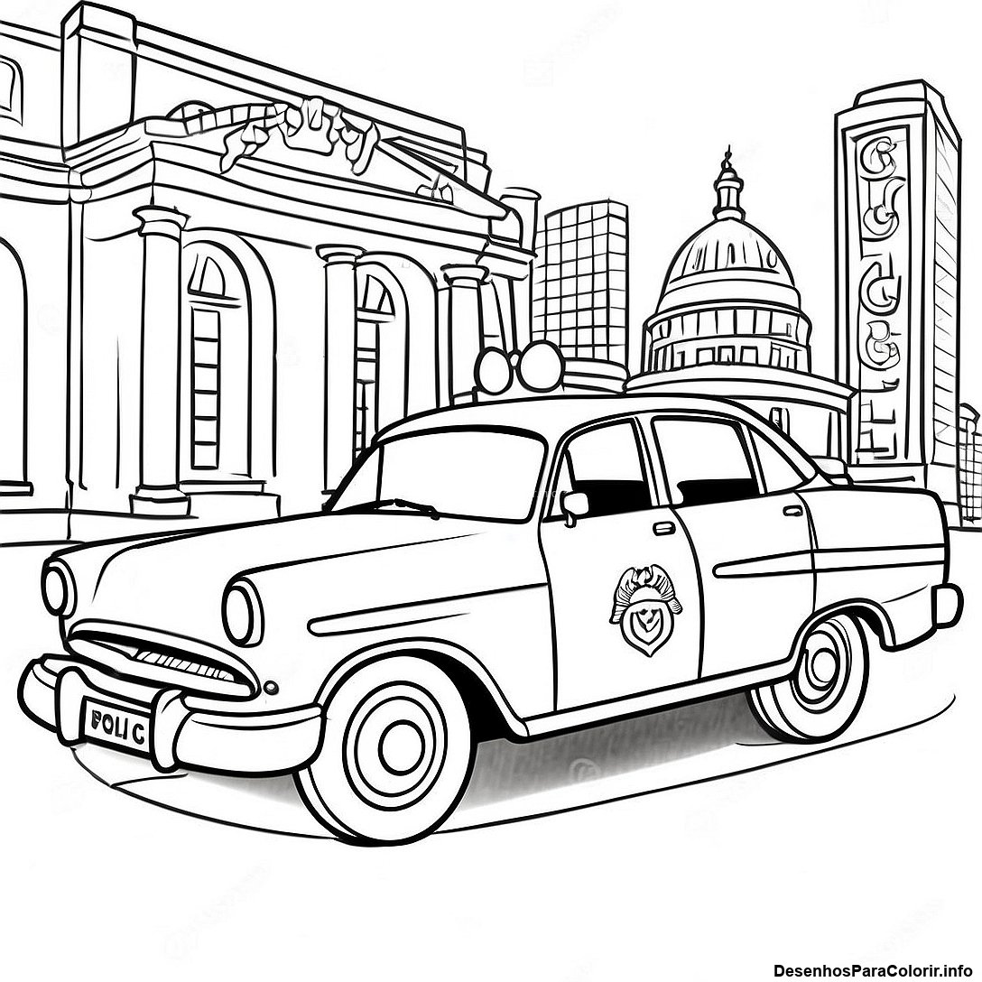 Página de colorir imprimível grátis Página Para Colorir De Um Carro De Polícia Vintage da coleção Carros — desenho em preto e branco para crianças e adultos.