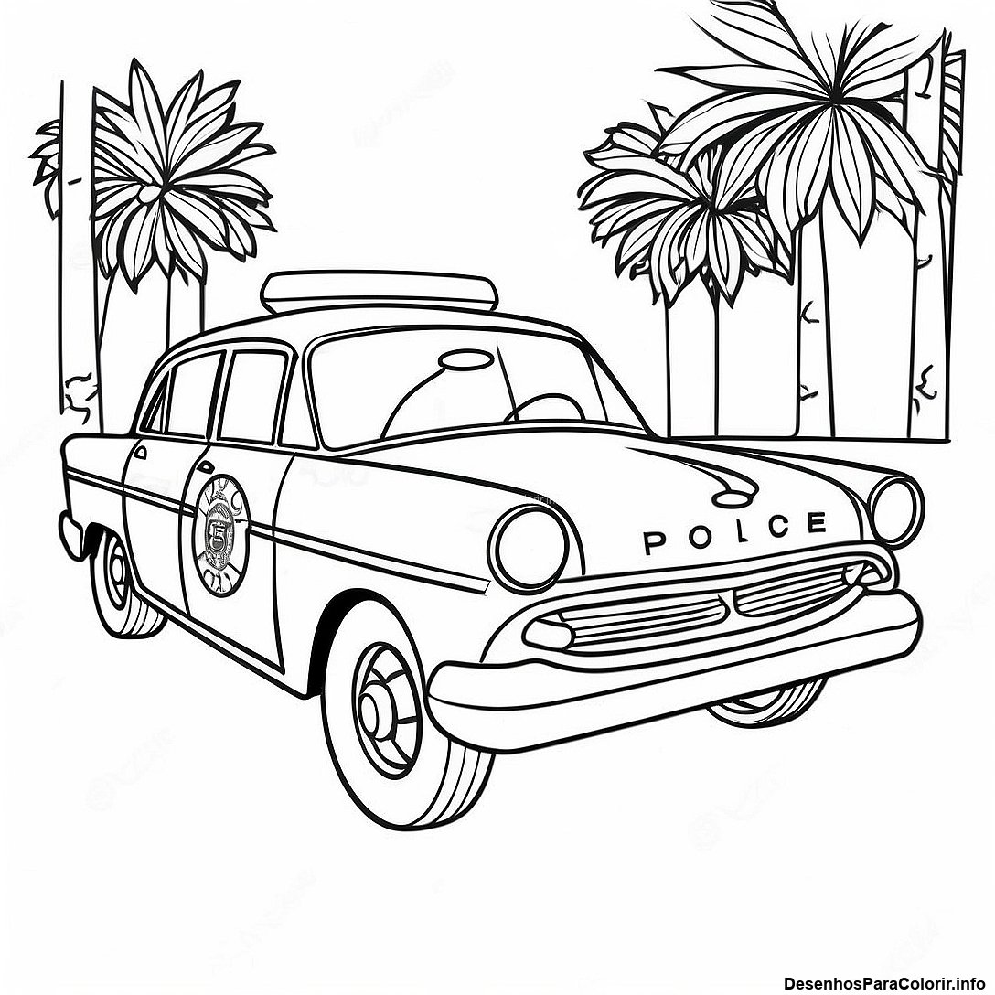 Página de colorir imprimível grátis Página Para Colorir De Um Carro De Polícia Vintage da coleção Carros — desenho em preto e branco para crianças e adultos.