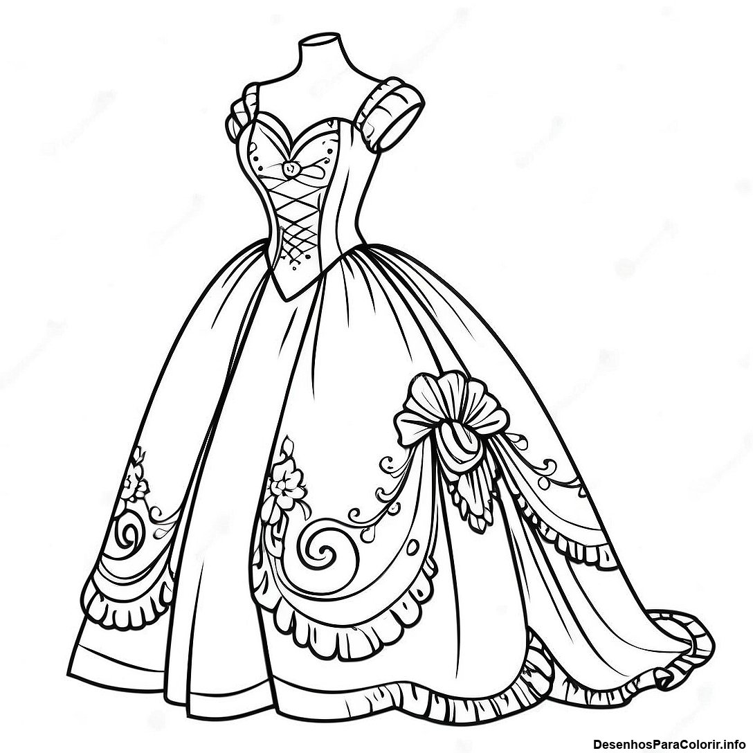 Página de colorir imprimível grátis Página Para Colorir De Vestido De Baile Vintage Gracioso da coleção Princesas — desenho em preto e branco para crianças e adultos.