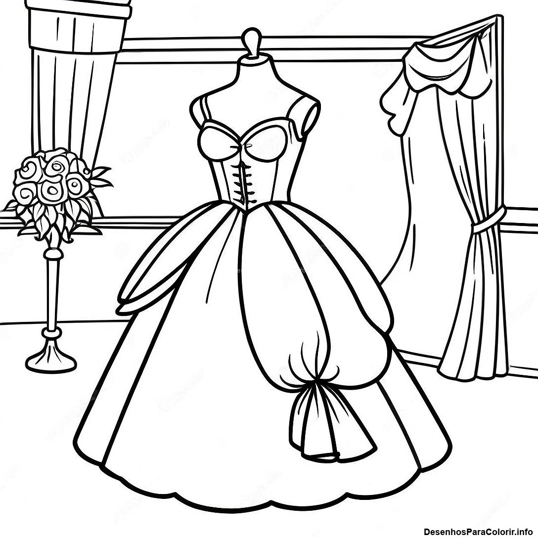 Página de colorir imprimível grátis Página Para Colorir De Vestido De Baile Vintage Gracioso da coleção Princesas — desenho em preto e branco para crianças e adultos.