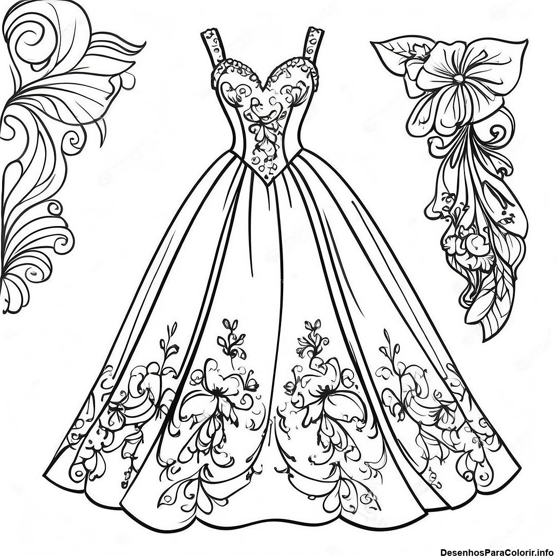 Página de colorir imprimível grátis Página Para Colorir De Vestido De Baile Vintage Gracioso da coleção Princesas — desenho em preto e branco para crianças e adultos.
