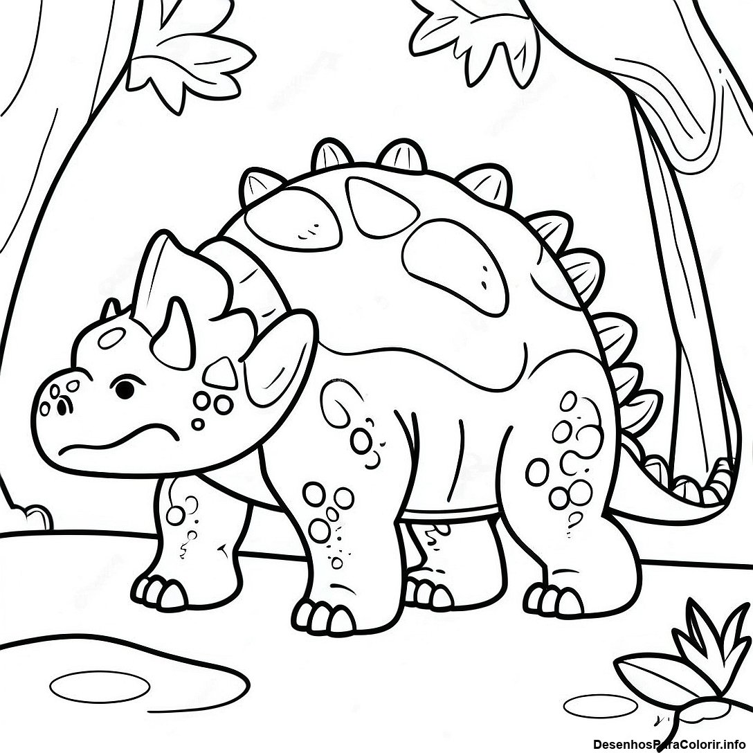Página de colorir imprimível grátis Página Para Colorir Do Ankylosaurus Realista Na Floresta da coleção Dinossauros — desenho em preto e branco para crianças e adultos.