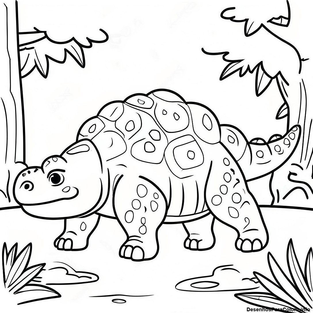 Página de colorir imprimível grátis Página Para Colorir Do Ankylosaurus Realista Na Floresta da coleção Dinossauros — desenho em preto e branco para crianças e adultos.