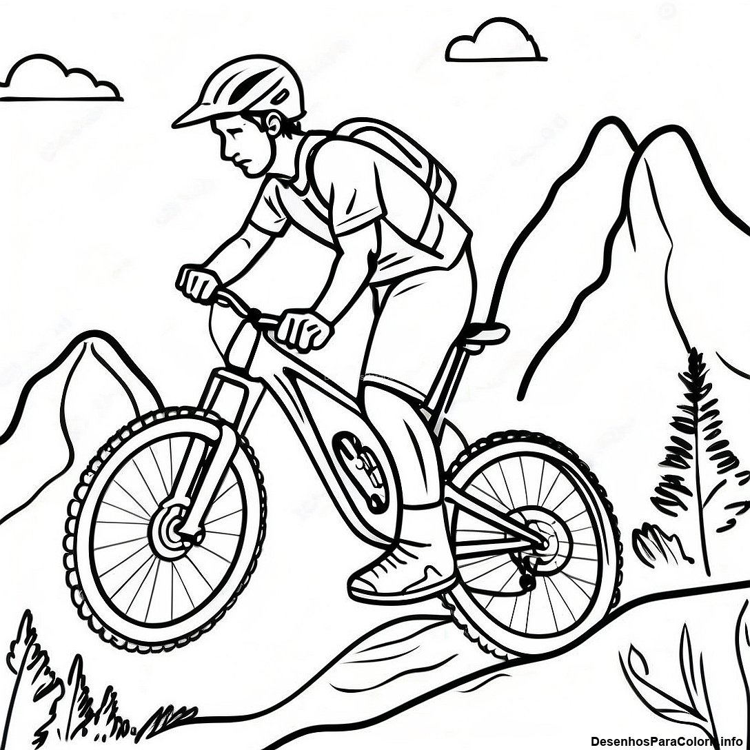 Página de colorir imprimível grátis Página Para Colorir Do Ciclista Aventureiro De Montanha da coleção Esportes — desenho em preto e branco para crianças e adultos.