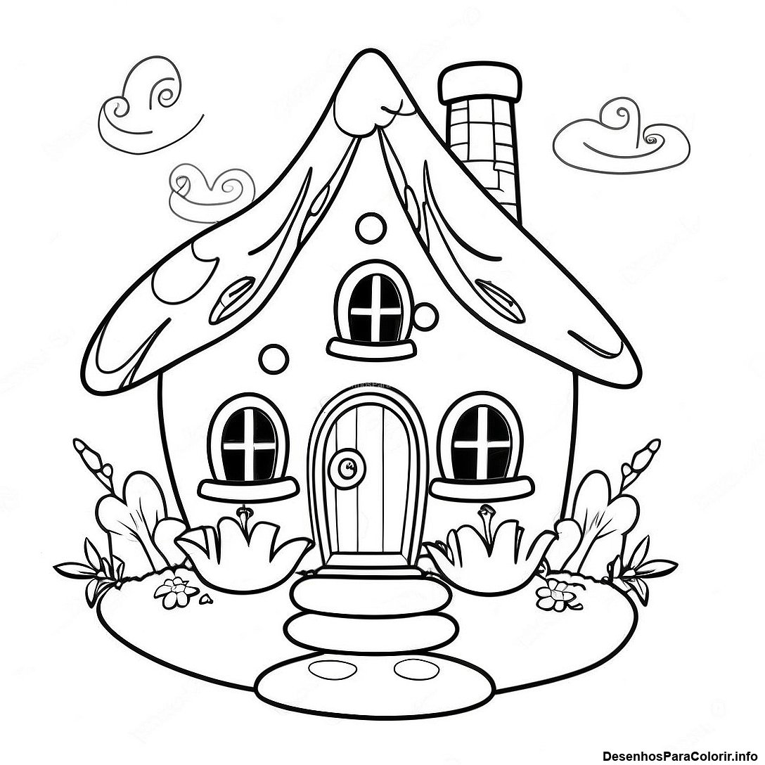 Página de colorir imprimível grátis Página Para Colorir Do Cottage De Fada Fantástico da coleção Para Meninas — desenho em preto e branco para crianças e adultos.