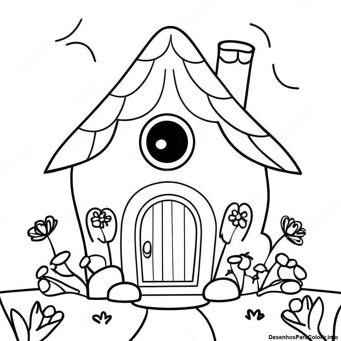 Página de colorir imprimível grátis Página Para Colorir Do Cottage De Fada Fantástico da coleção Para Meninas — desenho em preto e branco para crianças e adultos.