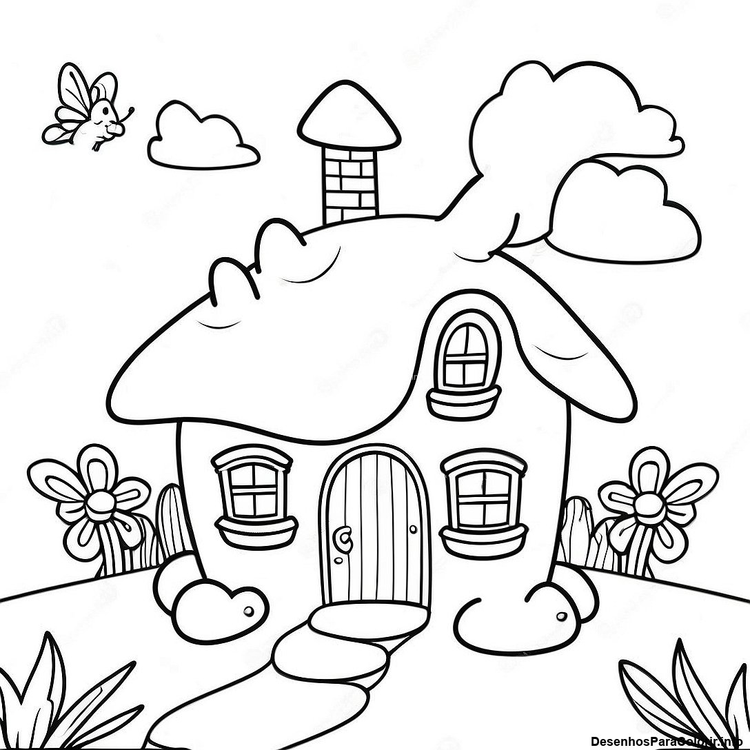 Página de colorir imprimível grátis Página Para Colorir Do Cottage De Fada Fantástico da coleção Para Meninas — desenho em preto e branco para crianças e adultos.