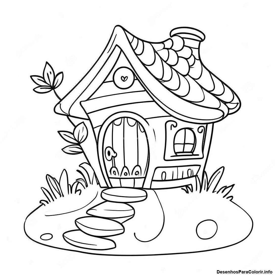 Página de colorir imprimível grátis Página Para Colorir Do Cottage De Fada Fantástico da coleção Para Meninas — desenho em preto e branco para crianças e adultos.