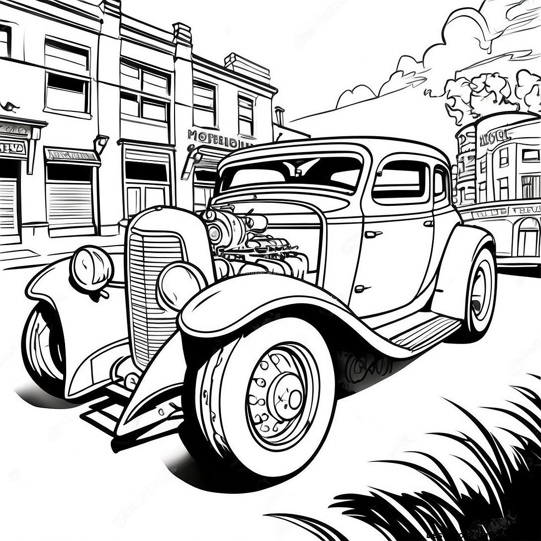 Página de colorir imprimível grátis Página Para Colorir Do Hot Rod Vintage da coleção Carros — desenho em preto e branco para crianças e adultos.
