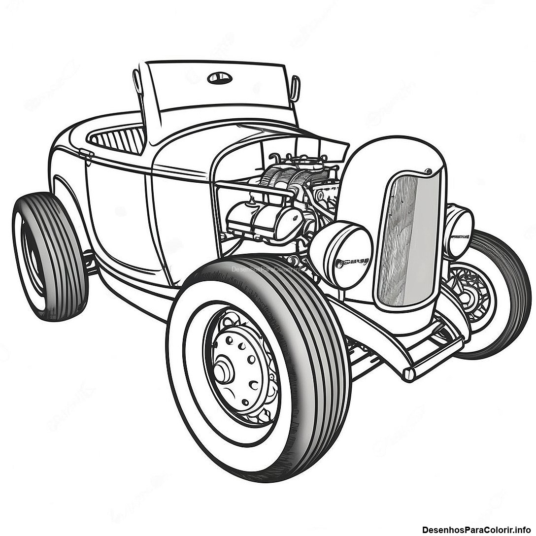 Página de colorir imprimível grátis Página Para Colorir Do Hot Rod Vintage da coleção Carros — desenho em preto e branco para crianças e adultos.