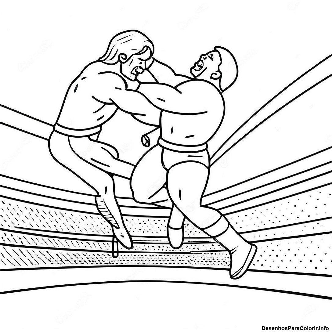 Página de colorir imprimível grátis Página Para Colorir Do Lutador Da Wwe Pulando Em Cima Do Oponente Com Marcador De Ponto da coleção Educacional — desenho em preto e branco para crianças e adultos.