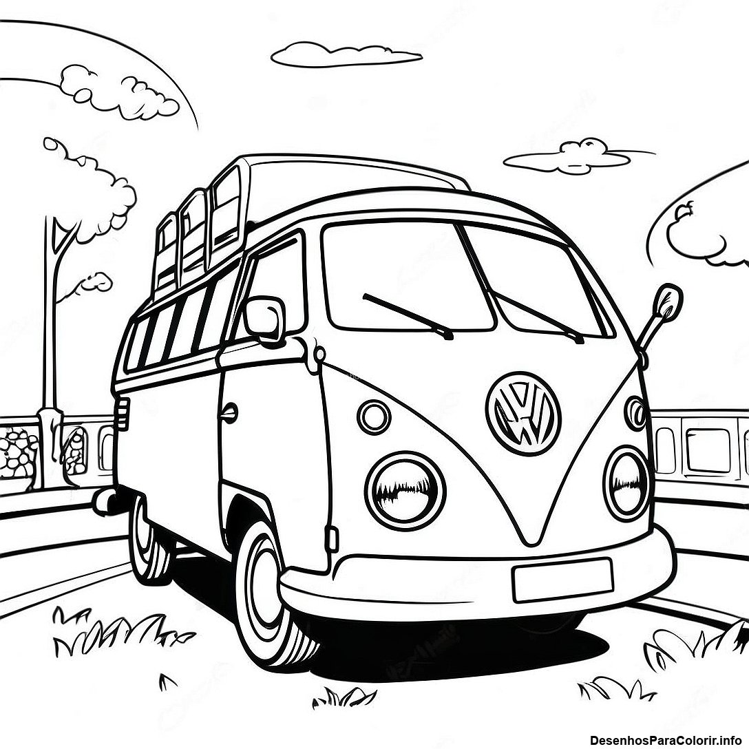 Página de colorir imprimível grátis Página Para Colorir Do Ônibus Volkswagen Vintage da coleção Carros — desenho em preto e branco para crianças e adultos.
