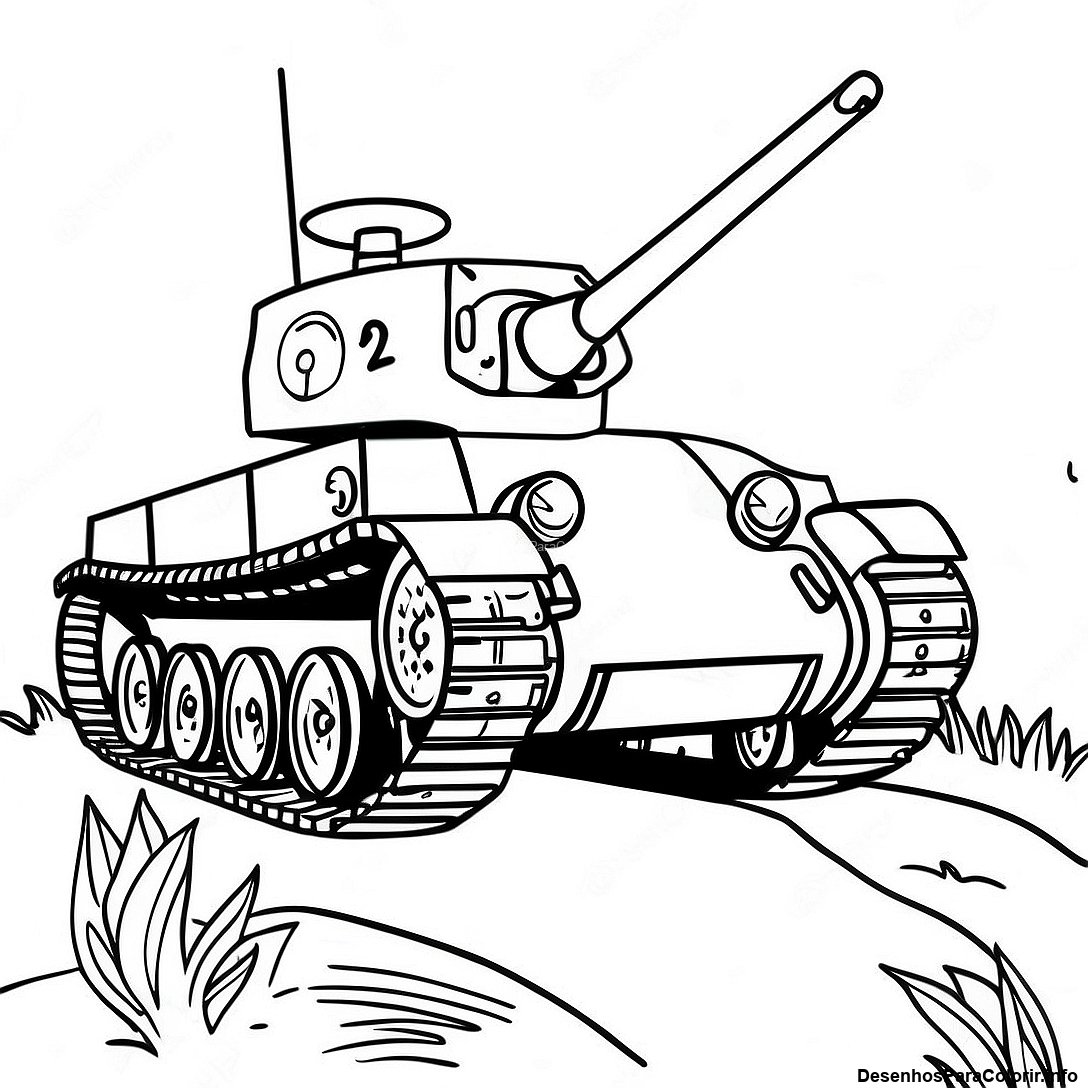 Página de colorir imprimível grátis Página Para Colorir Do Tanque Da Segunda Guerra Mundial Realista da coleção Máquinas — desenho em preto e branco para crianças e adultos.