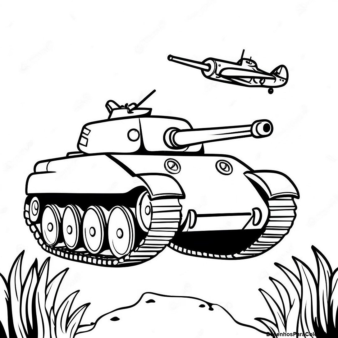 Página de colorir imprimível grátis Página Para Colorir Do Tanque Da Segunda Guerra Mundial Realista da coleção Máquinas — desenho em preto e branco para crianças e adultos.