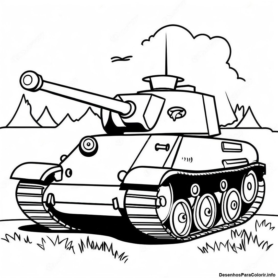 Página de colorir imprimível grátis Página Para Colorir Do Tanque Da Segunda Guerra Mundial Vintage da coleção Máquinas — desenho em preto e branco para crianças e adultos.