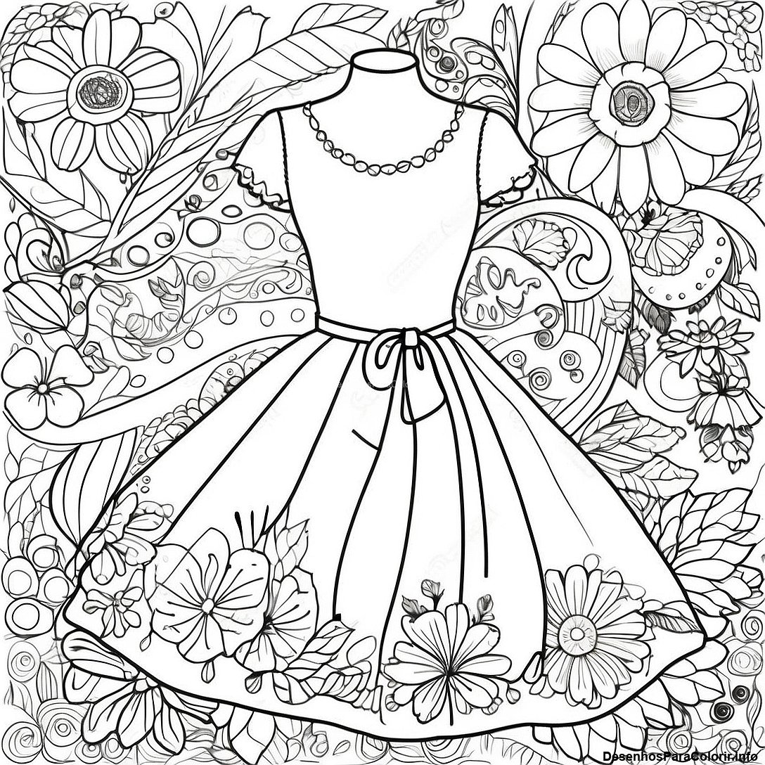 Página de colorir imprimível grátis Página Para Colorir Do Vestido Floral Vintage da coleção Para Meninas — desenho em preto e branco para crianças e adultos.
