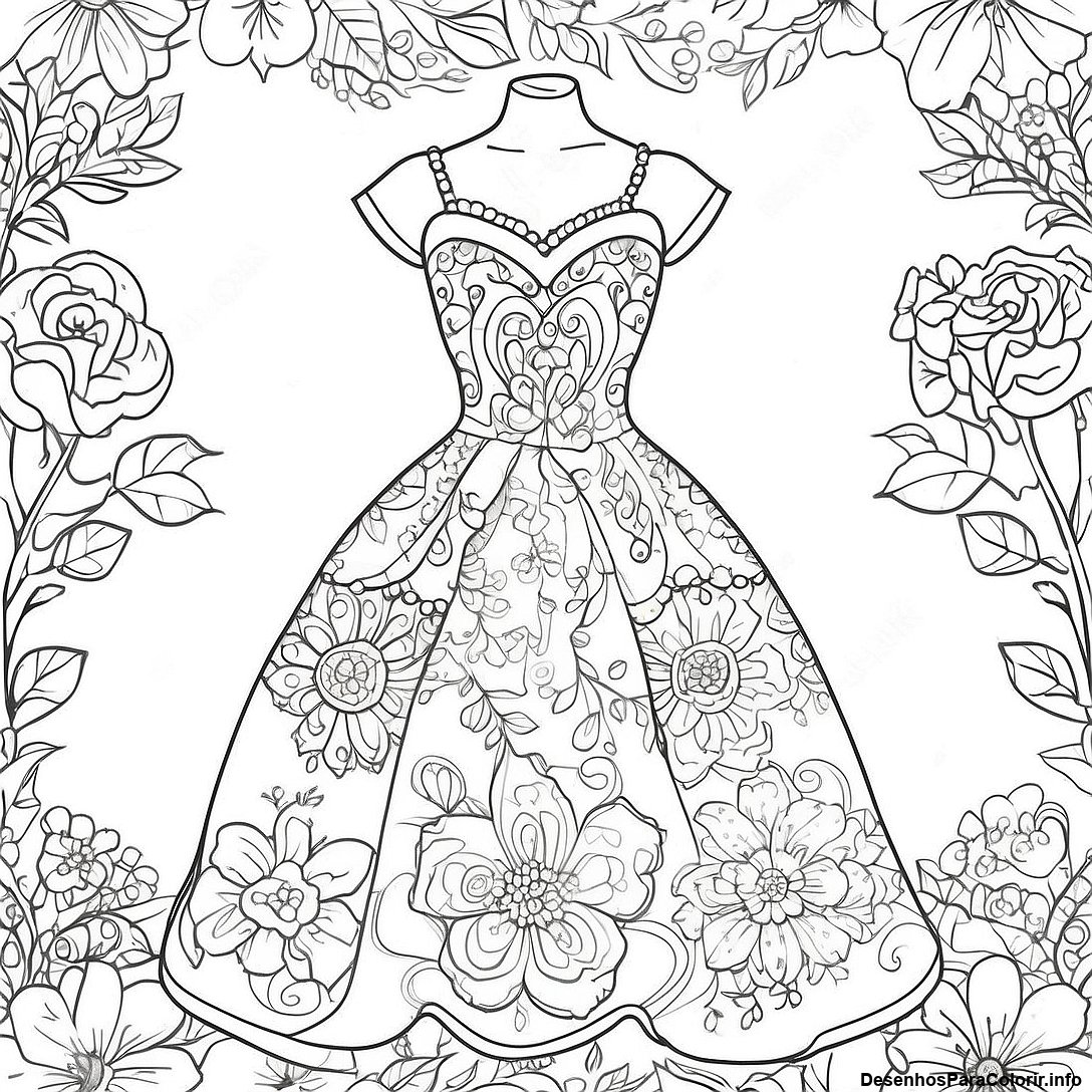 Página de colorir imprimível grátis Página Para Colorir Do Vestido Floral Vintage da coleção Para Meninas — desenho em preto e branco para crianças e adultos.