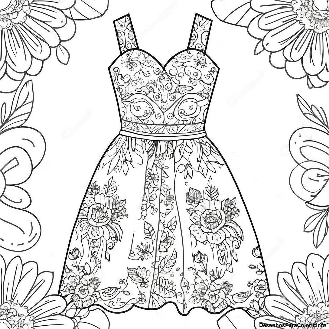 Página de colorir imprimível grátis Página Para Colorir Do Vestido Floral Vintage da coleção Para Meninas — desenho em preto e branco para crianças e adultos.