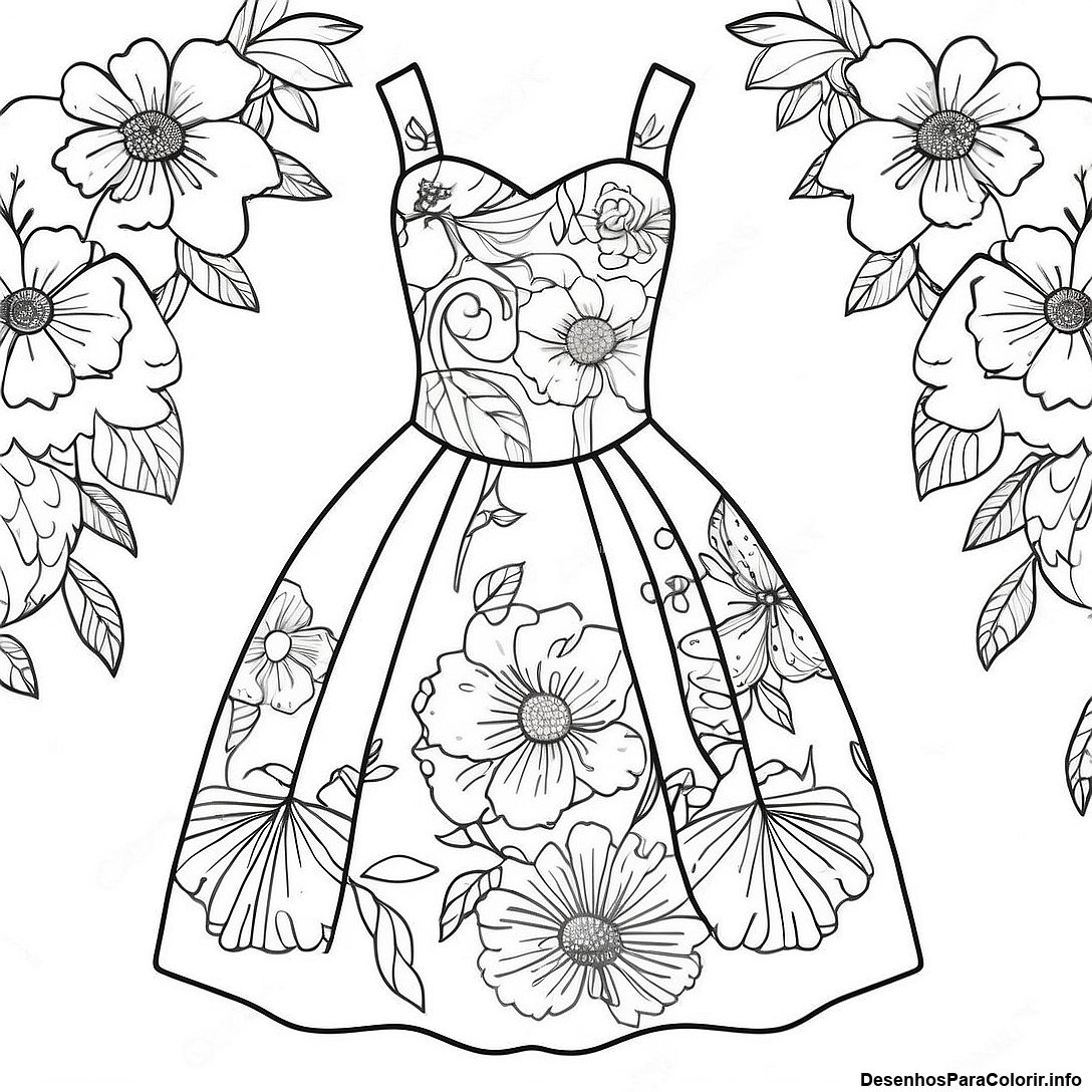 Página de colorir imprimível grátis Página Para Colorir Do Vestido Floral Vintage da coleção Para Meninas — desenho em preto e branco para crianças e adultos.
