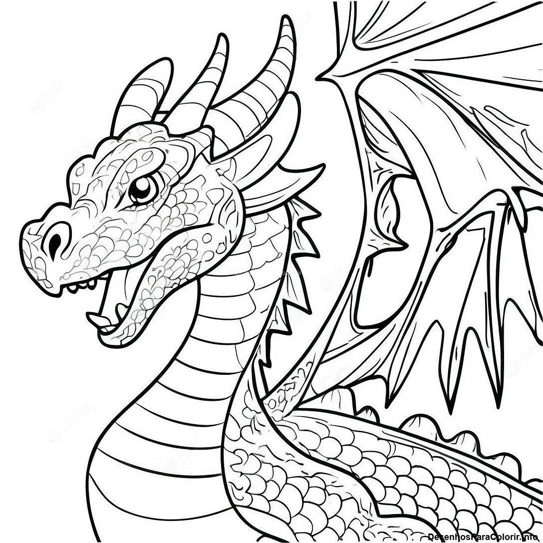 Página de colorir imprimível grátis Página Para Colorir Dragão Realista Avançado da coleção Animais — desenho em preto e branco para crianças e adultos.