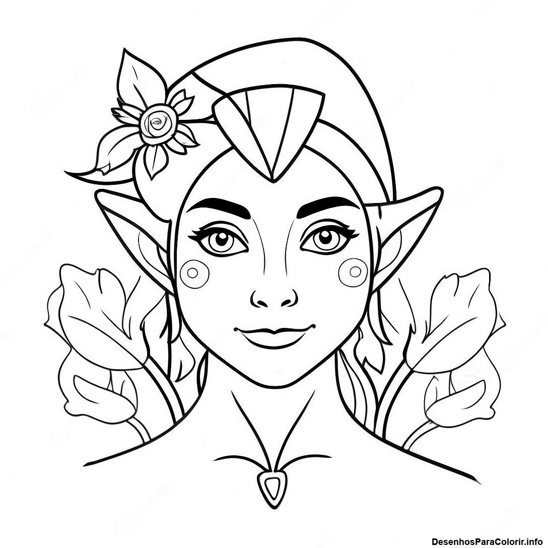 Página de colorir imprimível grátis Página Para Colorir Elfo Realista Elegante Com Flores da coleção Para Adultos — desenho em preto e branco para crianças e adultos.