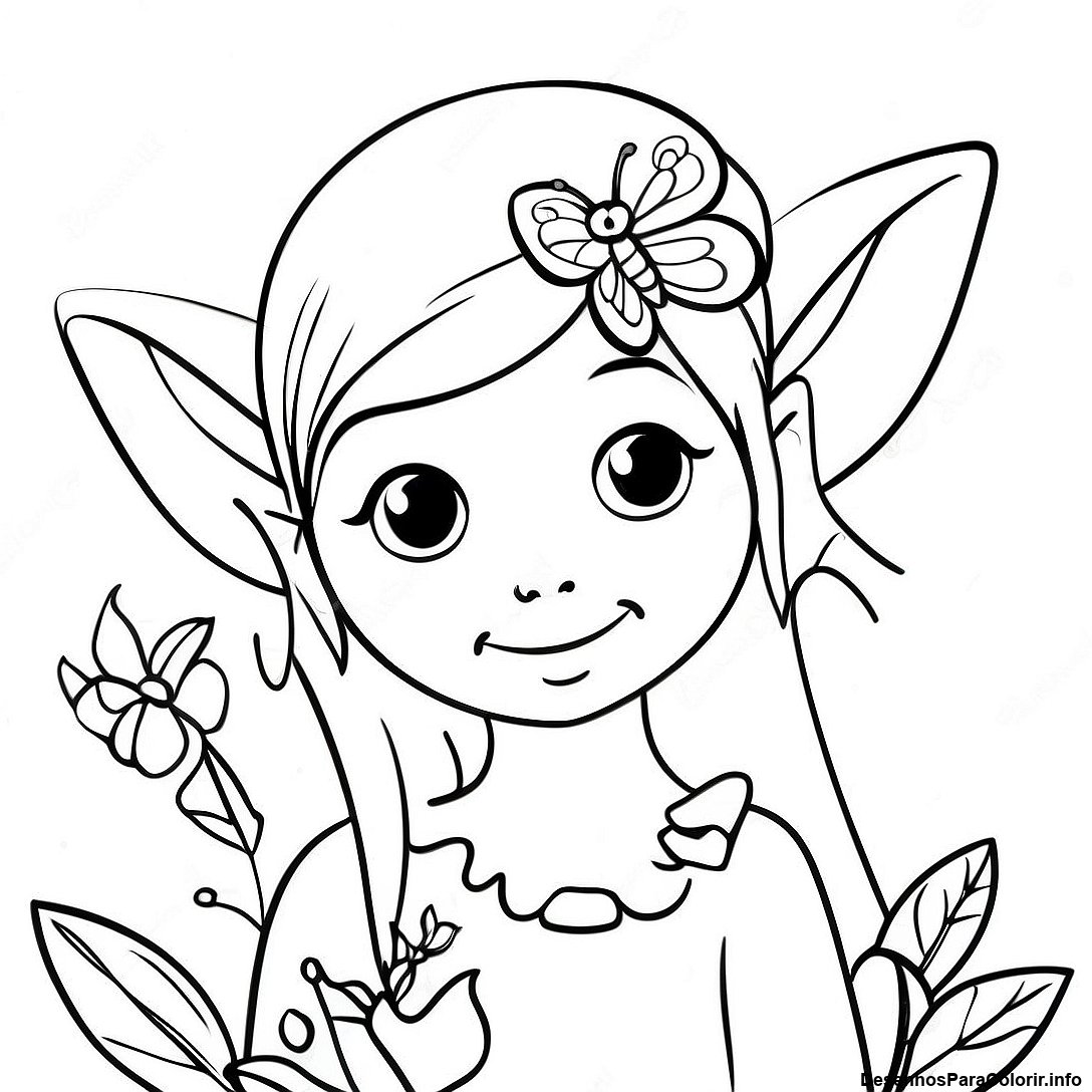 Página de colorir imprimível grátis Página Para Colorir Elfo Realista Fantástico Com Borboleta da coleção Para Adultos — desenho em preto e branco para crianças e adultos.