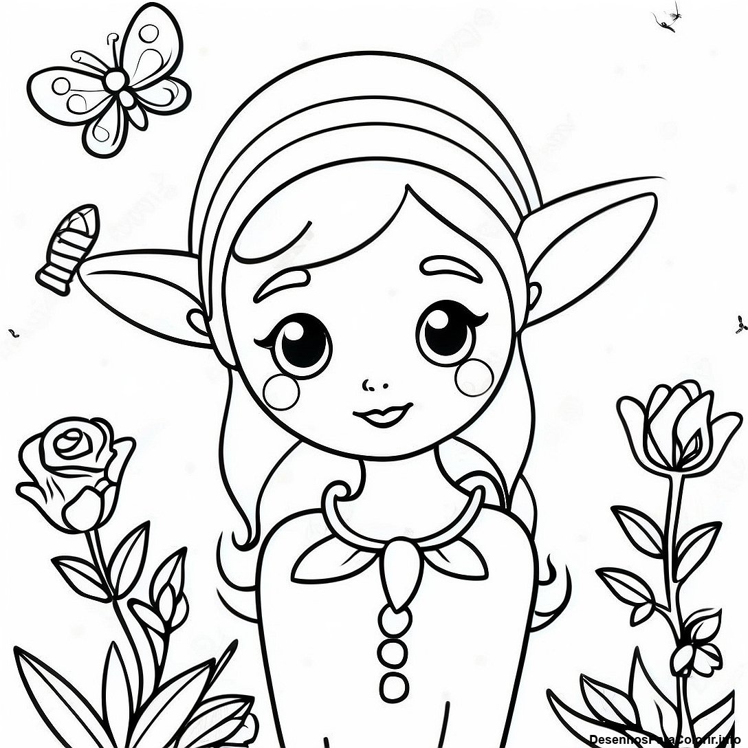 Página de colorir imprimível grátis Página Para Colorir Elfo Realista Fantástico Com Borboleta da coleção Para Adultos — desenho em preto e branco para crianças e adultos.