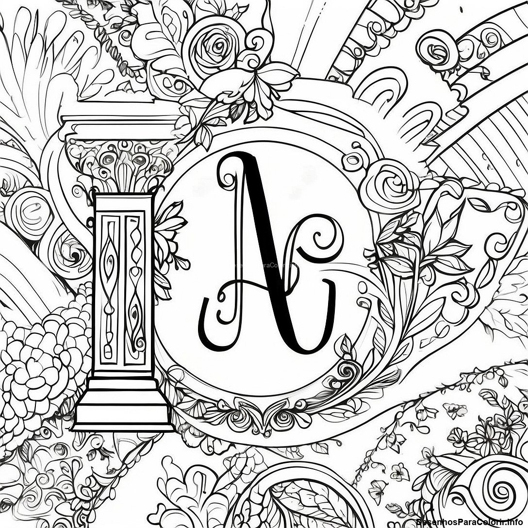 Página de colorir imprimível grátis Página Para Colorir Estilo De Letra Vintage da coleção Para Adultos — desenho em preto e branco para crianças e adultos.