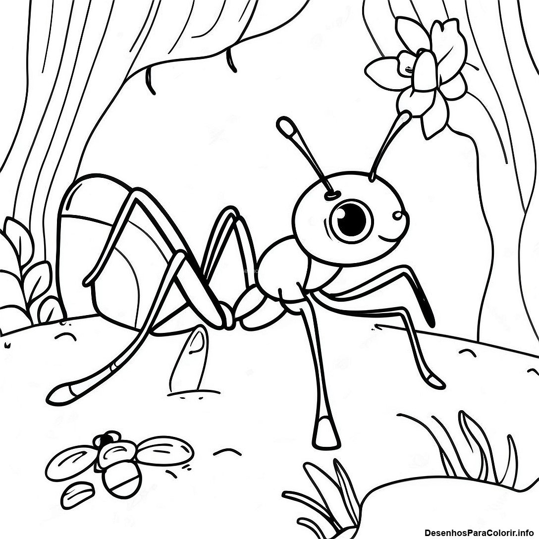 Página de colorir imprimível grátis Páginas Para Colorir De Formiga Realista Na Natureza da coleção Animais — desenho em preto e branco para crianças e adultos.
