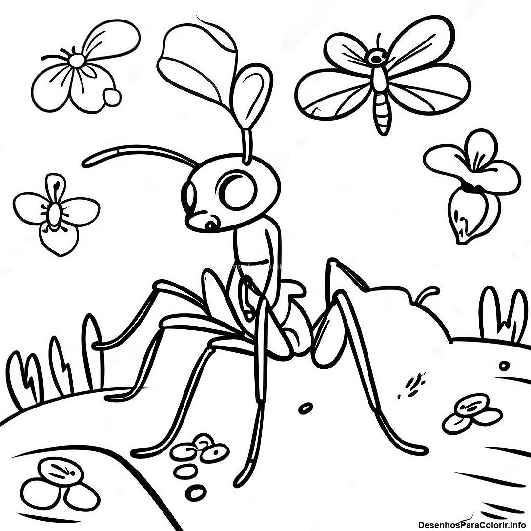 Página de colorir imprimível grátis Páginas Para Colorir De Formiga Realista Na Natureza da coleção Animais — desenho em preto e branco para crianças e adultos.