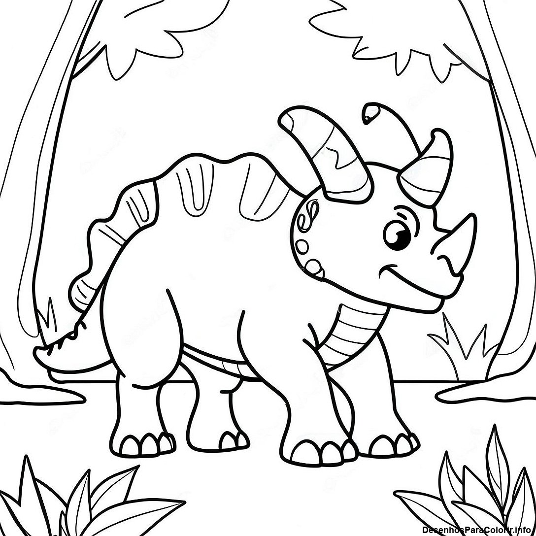 Página de colorir imprimível grátis Tricerátopo Realista Na Floresta Página Para Colorir da coleção Dinossauros — desenho em preto e branco para crianças e adultos.